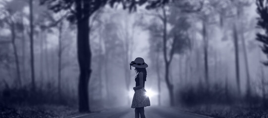 the lonely young woman stands on an empty night road.