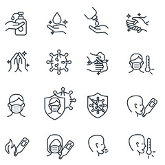 Coronavirus Protection set icon. Antiseptic, Fever, Washing Hands, Man and Woman Wearing Face Mask symbol vector illustration
