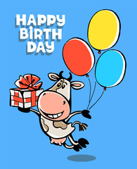 Colorful vector illustration. Happy Birthday. Cute funny happy cow flies on balloons with a gift. Congratulations lettering. Isolated object.
