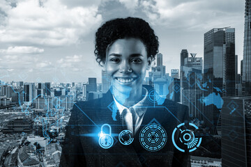 Successful smiling black businesswoman is thinking about new concepts at cybersecurity compliance division to protect clients confidential information. IT lock icons over Singapore background.