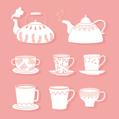 tea and coffee teapots, cups, kettles different, line style