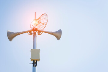 Horn megaphone speaker outdoor public relations for alarm and disaster. on sky blue background in south Korea image.