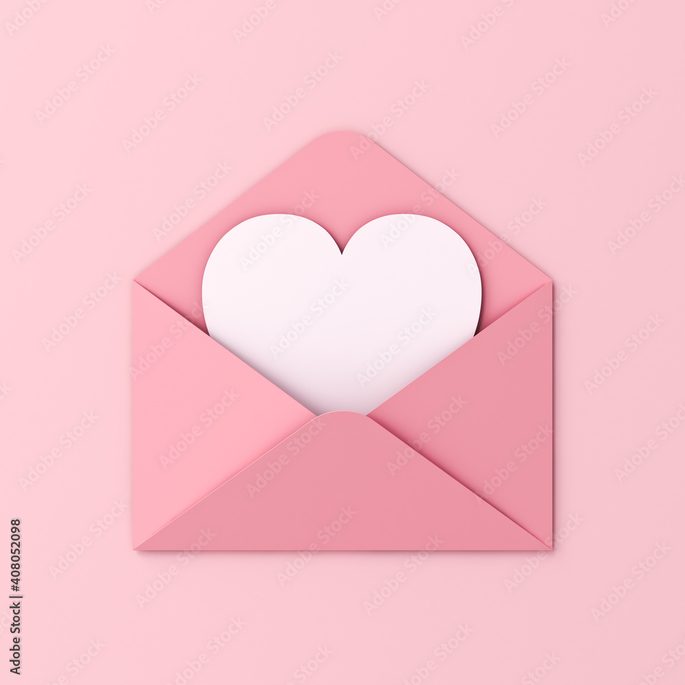 Poster sweet blank heart card in pink envelope isolated on pink pastel color wall background with shadow lo