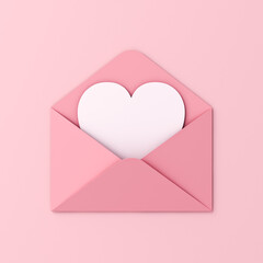 Sweet blank heart card in pink envelope isolated on pink pastel color wall background with shadow love letter minimal conceptual 3D rendering