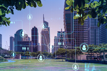 Panoramic view skyscrapers. Modern cityscape of the capital of the Emirate of Dubai. Recruitment...