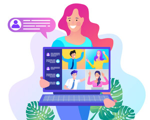 vector employee talk on video call with laptop with diverse colleagues. video conferencing at home woman having video call meeting with clients at home.