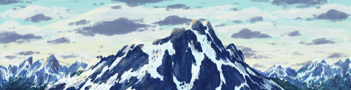 Snowy mountains landscape morning background banner illustration