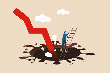 Business to survive in COVID-19 pandemic causing economic recession, survival from Coronavirus crash concept, businessman climb up ladder from deep hole of coronavirus impact with red arrow graph.