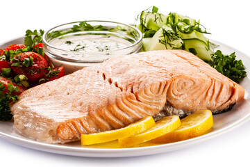 Fried salmon steak with fresh vegetables on white background