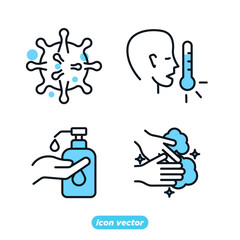 Coronavirus Protection set icon. Antiseptic, Fever, Washing Hands, Man and Woman Wearing Face Mask symbol vector illustration