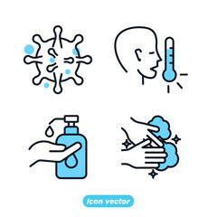 Coronavirus Protection set icon. Antiseptic, Fever, Washing Hands, Man and Woman Wearing Face Mask symbol vector illustration