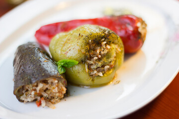Stuffed bell pepper, red pepper and eggplant on a white plate