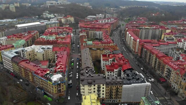 Aerial Flyover Of Busy Urban Streets In Downtown Gothenburg, Travel Destination In Europe