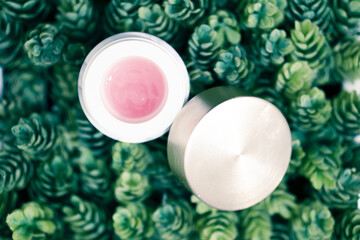 top view of face cream on plants or floral background. spa beauty concept. personal care flat lay . copy space