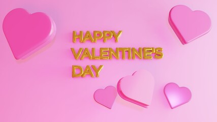 Valentine's Day 3D Illustration with Pink Hearts and Golden Text