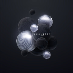 Black and silver 3d spheres cluster. Abstract background
