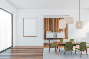 Mockup canvas in white and wooden room with green chairs and parquet floor