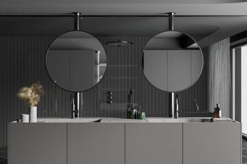Gray bathroom interior with double sink and round mirrors, close up