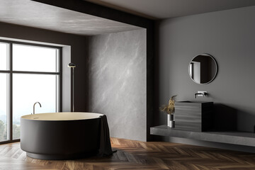 Marble and gray bathroom with round tub and sink