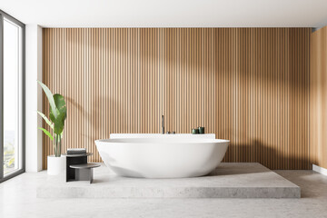 Fototapeta na wymiar Panoramic wooden bathroom interior with tub