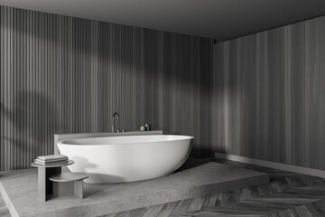 Fototapeta na wymiar Modern dark wooden bathroom corner with tub