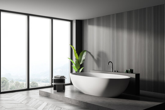 Panoramic dark wooden bathroom corner with tub