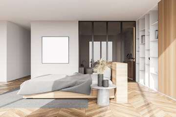 White and wooden master bedroom interior with poster, side view