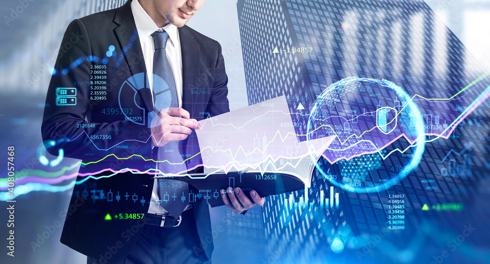 Poster unrecognizable man reading document in office and graph