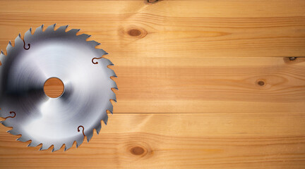Realistic electric saw disc on the wooden workbench background. Woodworking and construction, joinery craft or carpentry. Circular blade metal tool. Copy-space.