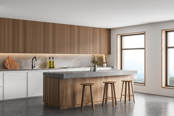 Bar counter in white and wooden kitchen corner