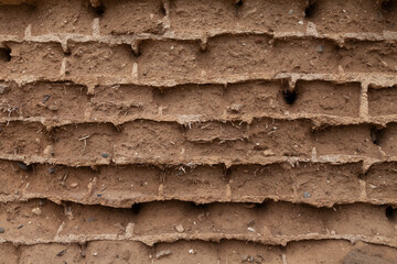 Texture of old adobe bricks, worn and with holes, in the channel of Trabas, near Tauste, region of Cinco Villas, Aragon, Spain.