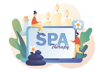 Spa therapy web site. Tiny people with big laptop and accessories for relaxing atmosphere, candles, aroma oils, hot stones. Beauty procedure. Modern flat cartoon style. Vector illustration 