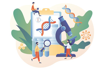 Tiny people study dna use microscope. Biotechnology concept. Science, laboratory research,  genetic testing, chemical, GMO, bioengineering and organism. Modern flat cartoon style. Vector illustration