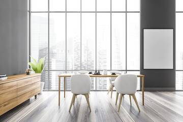 Mockup frame in grey dining room with furniture near large window