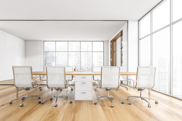 Fototapeta na wymiar White and wooden conference room with modern furniture and window