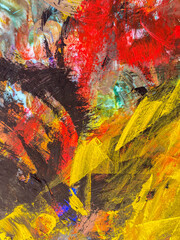 Abstract texture with yellow, red, black tempera paints on the palette.
