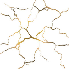 Gold crack on white background. Antique Kintsugi restoration technique. Broken marble luxury stone pattern effect. Foil wallpaper glitter graphic. Wedding card template. Cover surface. Vector