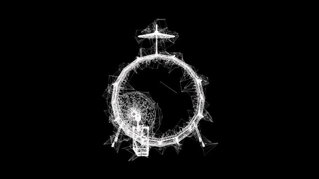 Musical instruments set. Rock band drum kit. Percussion musical instrument drums and cymbal. Wireframe low poly mesh technology. Available in 4K FullHD and HD video