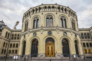 Fototapeta na wymiar Norwegian Parliament building or Storting building (Stortingsbygningen, 1866) at 22 Karl Johans gate in Oslo. Norway.