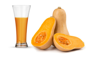 Glass of pumpkin juice and butternut squash isolated