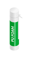 Isometric vector illustration bottle with construction foam spray for repair and insulation isolated on white background. Realistic PU foam tube icon in flat cartoon style. Building materials.
