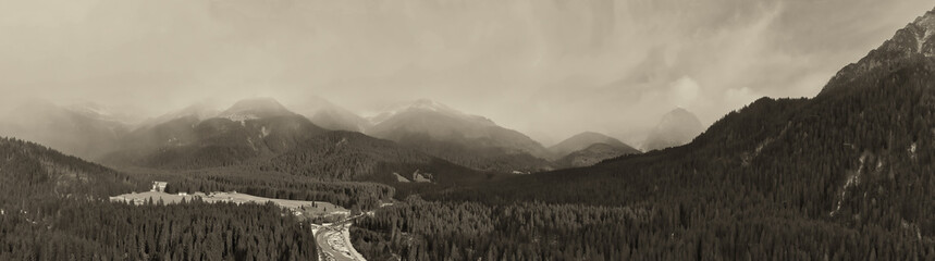 Val Visdende is a Dolomite Valley. Aerial view in winter season, Italy