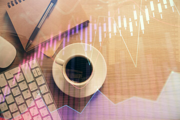 Multi exposure of forex chart drawing and work table top veiw. Concept of financial analysis.