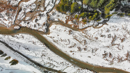 Val Visdende is a Dolomite Valley. Aerial view in winter season, Italy