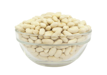 White beans in wooden bowl isolated on white background