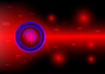 Fingerprint and security concept. blue virtual fingerprint with blue ring on red technology background. Safety internet and network connection.