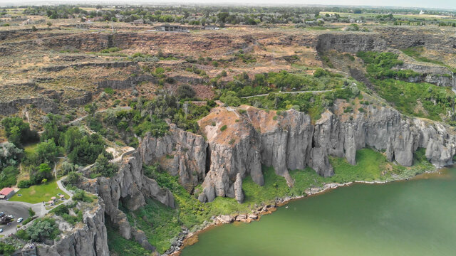 Aerial view of Shoshone Falls in summer season from drone viewpoint, Idaho, USA