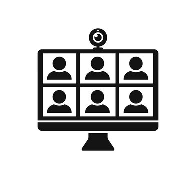 Web conference icon with people and web camera on computer screen, digital communication, teaching media video conference icon, home office in quarantine times – vector