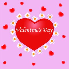 Valentine's Day2. Valentine's Day. On a pink background, a large red heart surrounded by white flowers and small hearts.