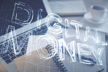 Double exposure of crypto technology drawing and desktop with coffee and items on table background....